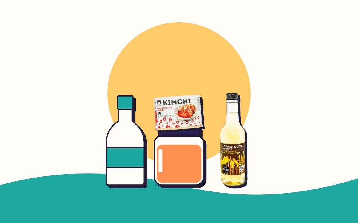 A line-up of kefir, kimchi and kombucha