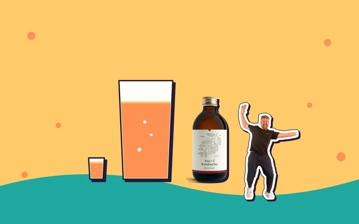 A tiny glass and a huge glass of kombucha next to a bottle, with Kombucha Kev saying whoa