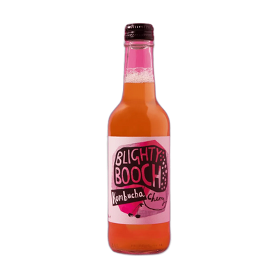 Blighty Booch Cherry raw kombucha in a clear 330ml glass bottle with a black cap and a white label with a pink hand-lettered badge.