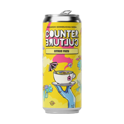 Counter Culture Citrus Yuzu raw kombucha in a 330ml can with a silver cap and a bright yellow illustrated label.