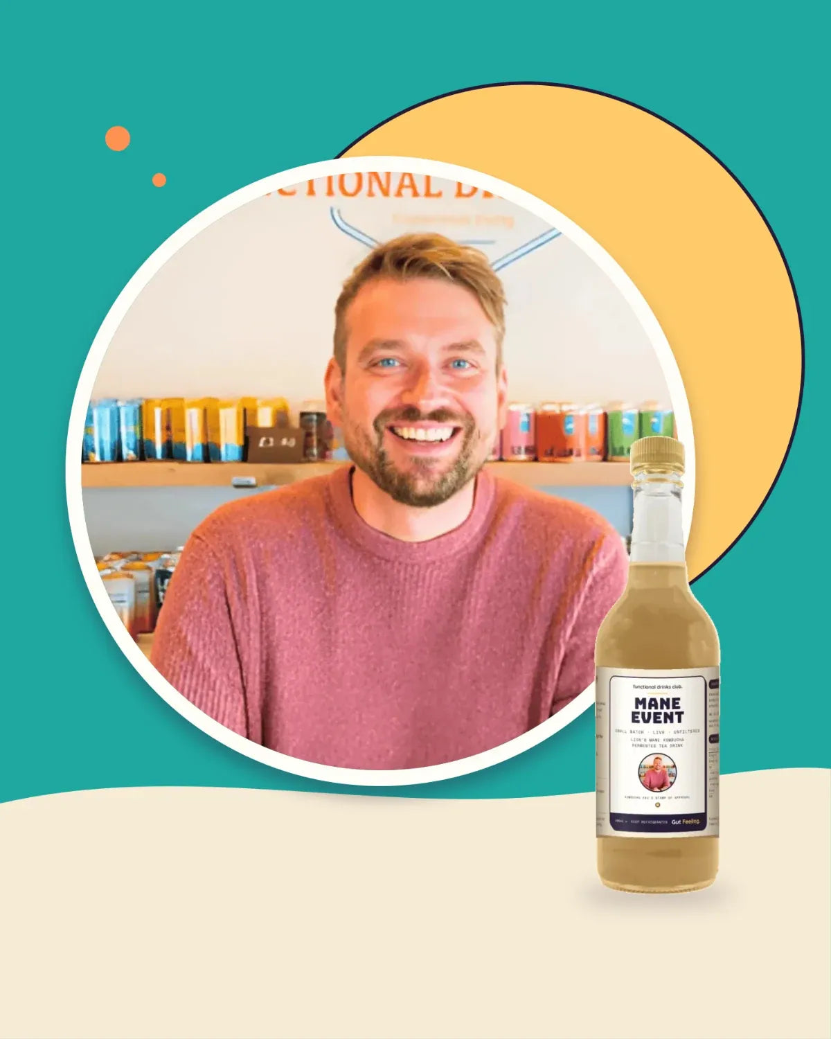 Kombucha Kev smiling in the Functional Drinks Club taproom, next to a bottle of Gut Feeling Mane Event