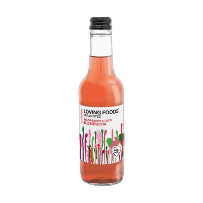 Loving Foods Raspberry & Tulsi raw kombucha in a clear 330ml glass bottle with a black cap and a white label with pink and green paint-drip artwork.