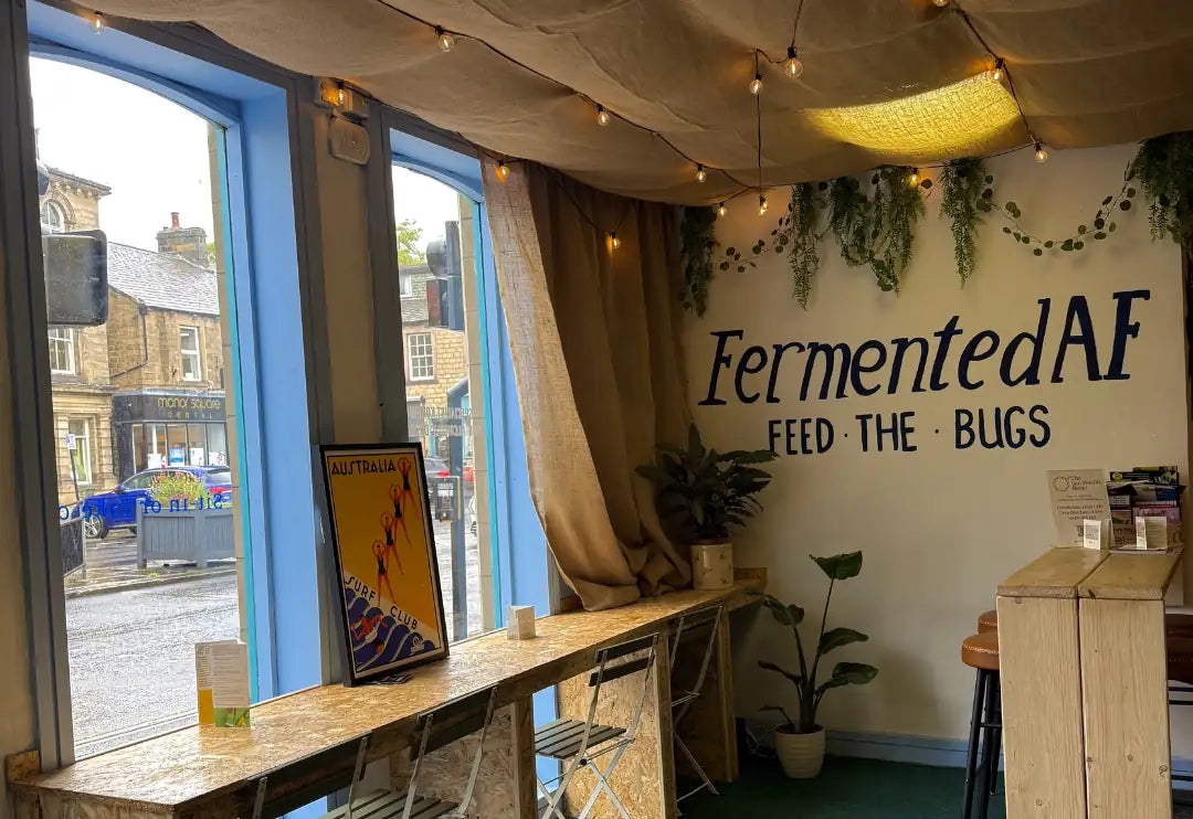 Inside Functional Drinks Club, the Otley taproom: the window bench looking out on Manor Square and the FermentedAF wall