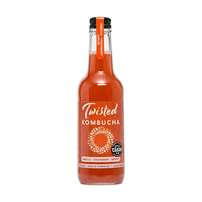 Twisted Strawberry, Hibiscus & Ginger raw kombucha in a clear 330ml glass bottle with a black cap and a deep red label with an orange neck tag.