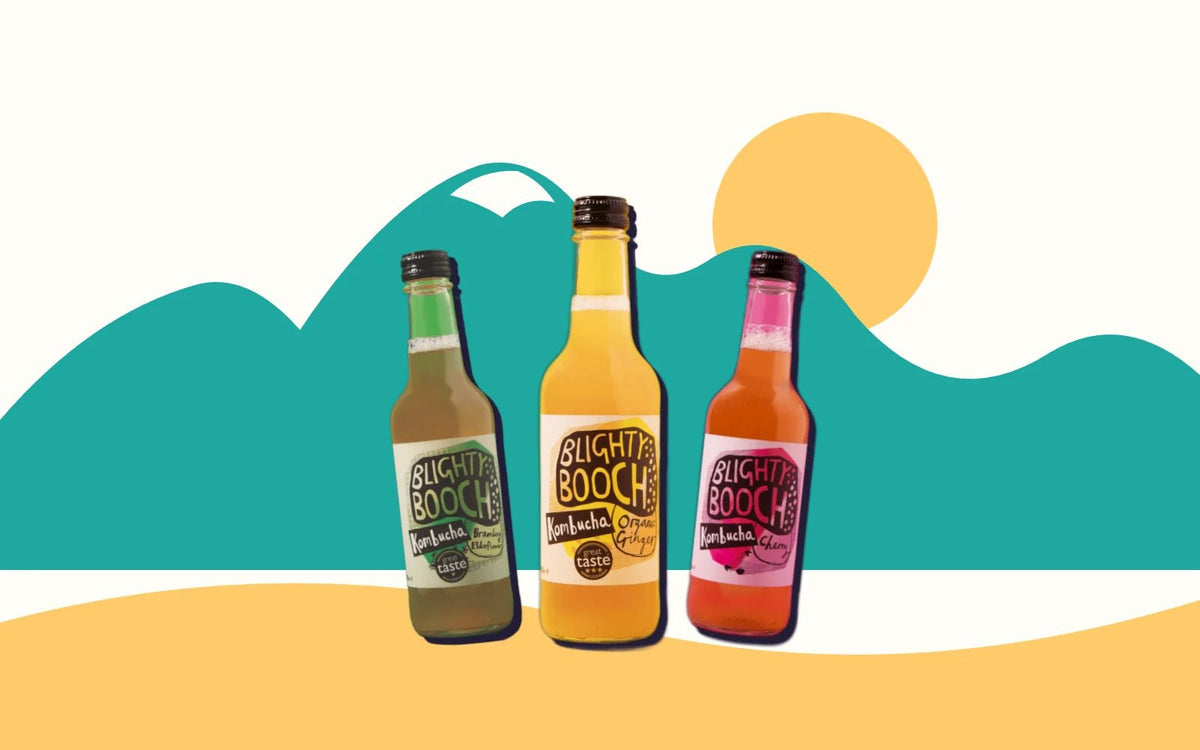 Three bottles of Blighty Booch kombucha in front of Welsh mountains