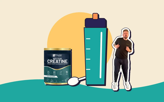 A tub of creatine next to a huge protein shaker, with Kombucha Kev rolling his eyes
