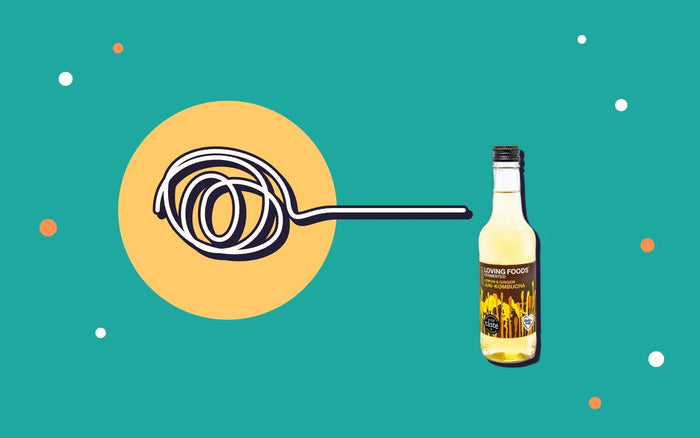 A tangled ball of string untangling into a straight line, next to a bottle of Loving Foods kombucha