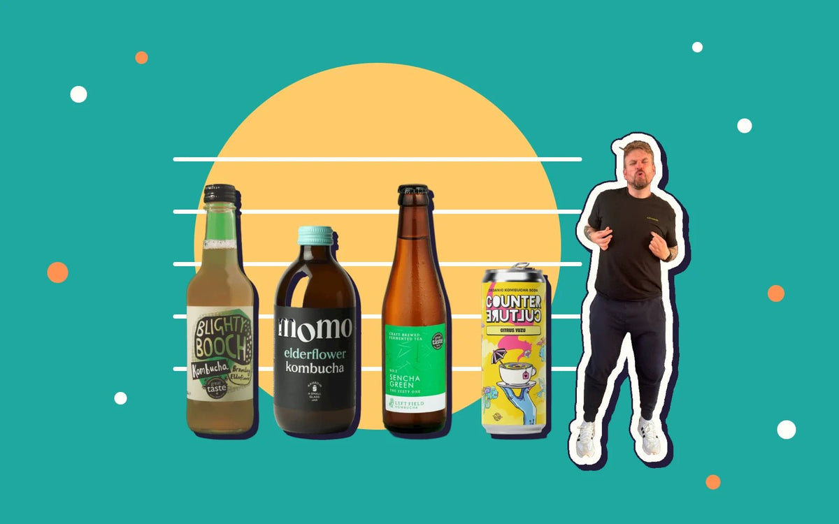 A police-style line-up of four kombucha bottles, with Kombucha Kev pointing at his pick