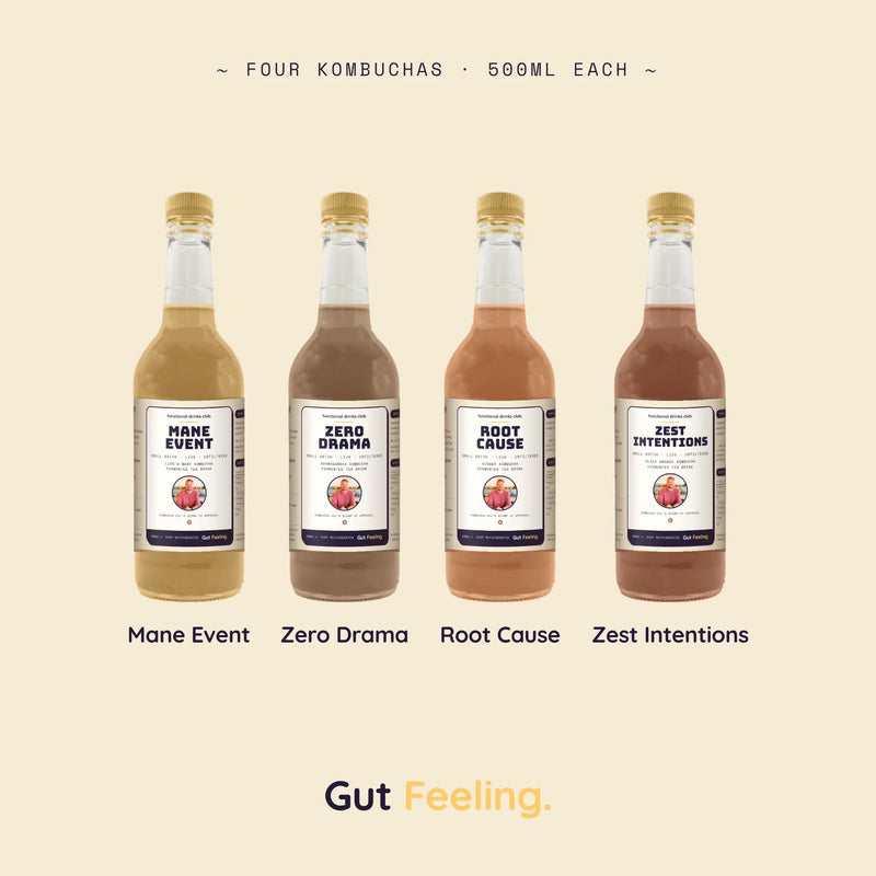 The full Gut Feeling kombucha range, four flavours