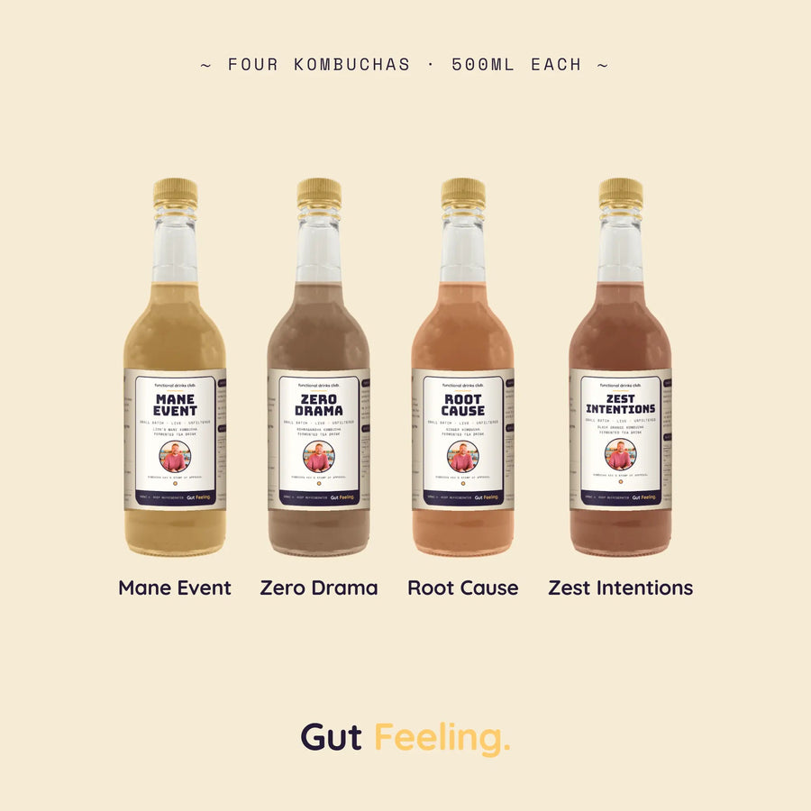 The full Gut Feeling kombucha range, four flavours