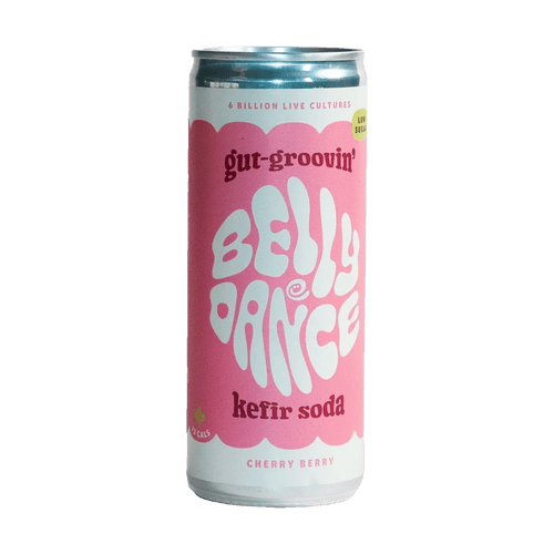 A 250ml can of Belly Dance Cherry Berry water kefir soda with a pink and cream label.