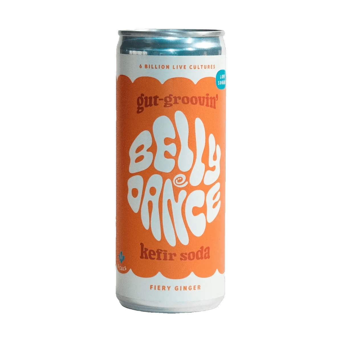 A 250ml can of Belly Dance Fiery Ginger water kefir soda with an orange and cream label.