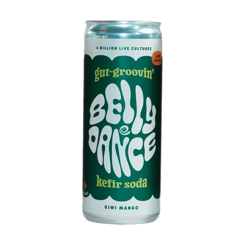 A 250ml can of Belly Dance Kiwi Mango water kefir soda with a dark green and cream label.