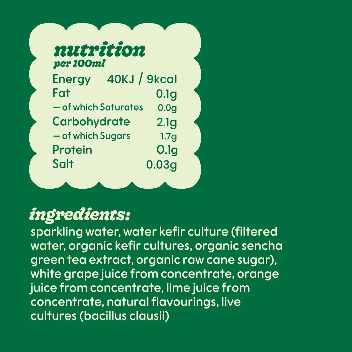 Belly Dance Kiwi Mango ingredients and nutrition per 100ml: 9kcal and 1.7g sugars.