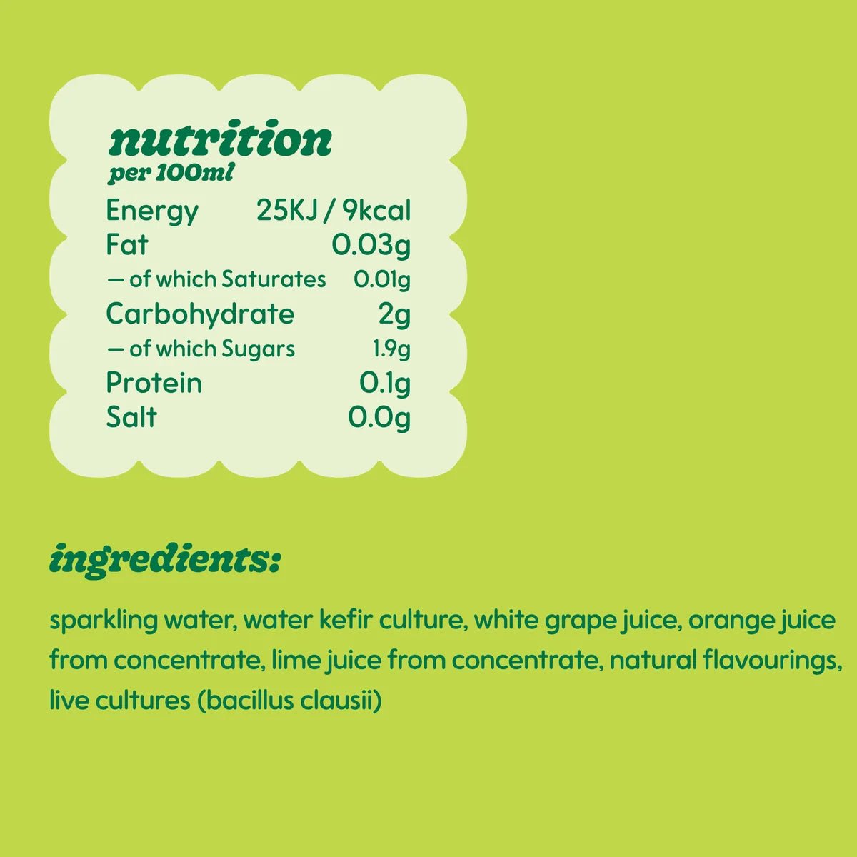 Belly Dance Spicy Margarita ingredients and nutrition per 100ml: 9kcal and 1.9g sugars.