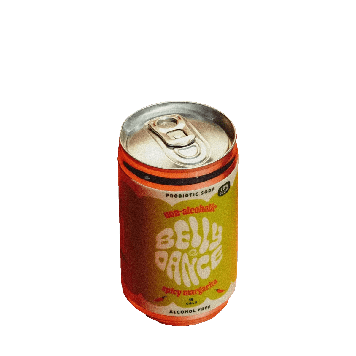 A 150ml mini can of Belly Dance Spicy Margarita non-alcoholic water kefir soda with a lime green and orange label.