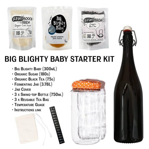 Big Blighty Baby kombucha starter kit with SCOBY and starter tea, makes 3 litres