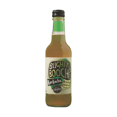 Blighty Booch Bramley Apple & Elderflower raw kombucha in a clear 330ml glass bottle with a black cap and a white label with a green hand-lettered badge.