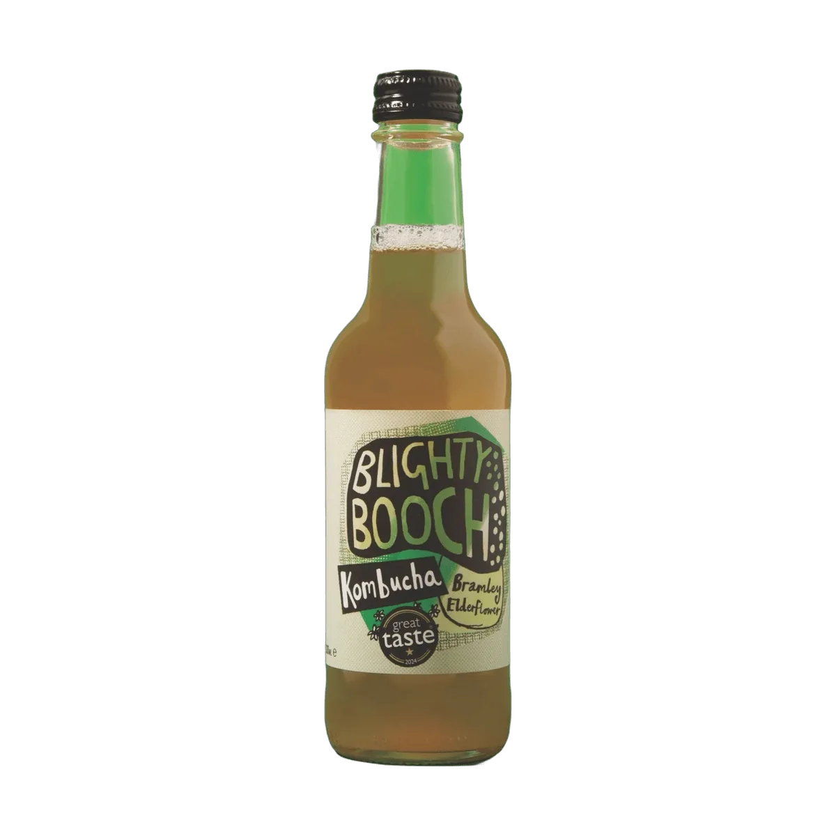 Blighty Booch Bramley Apple & Elderflower raw kombucha in a clear 330ml glass bottle with a black cap and a white label with a green hand-lettered badge.