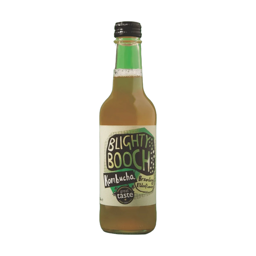 Blighty Booch Bramley Apple & Elderflower raw kombucha in a clear 330ml glass bottle with a black cap and a white label with a green hand-lettered badge.