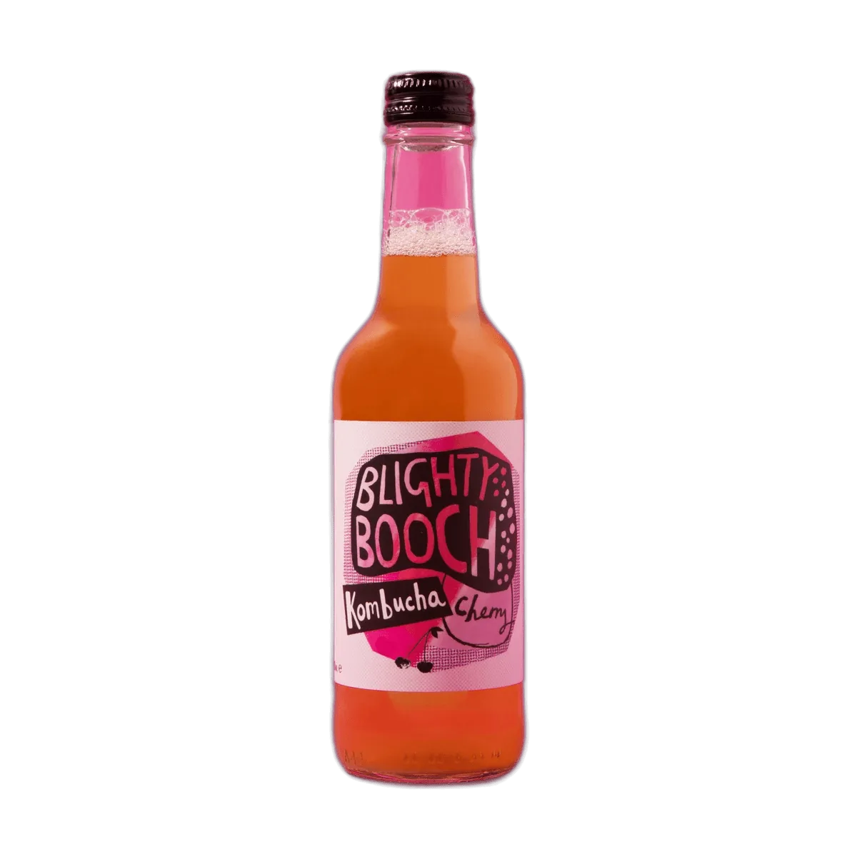 Blighty Booch Cherry raw kombucha in a clear 330ml glass bottle with a black cap and a white label with a pink hand-lettered badge.
