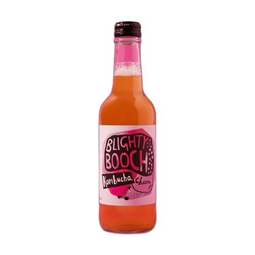 Blighty Booch Cherry raw kombucha in a clear 330ml glass bottle with a black cap and a white label with a pink hand-lettered badge.