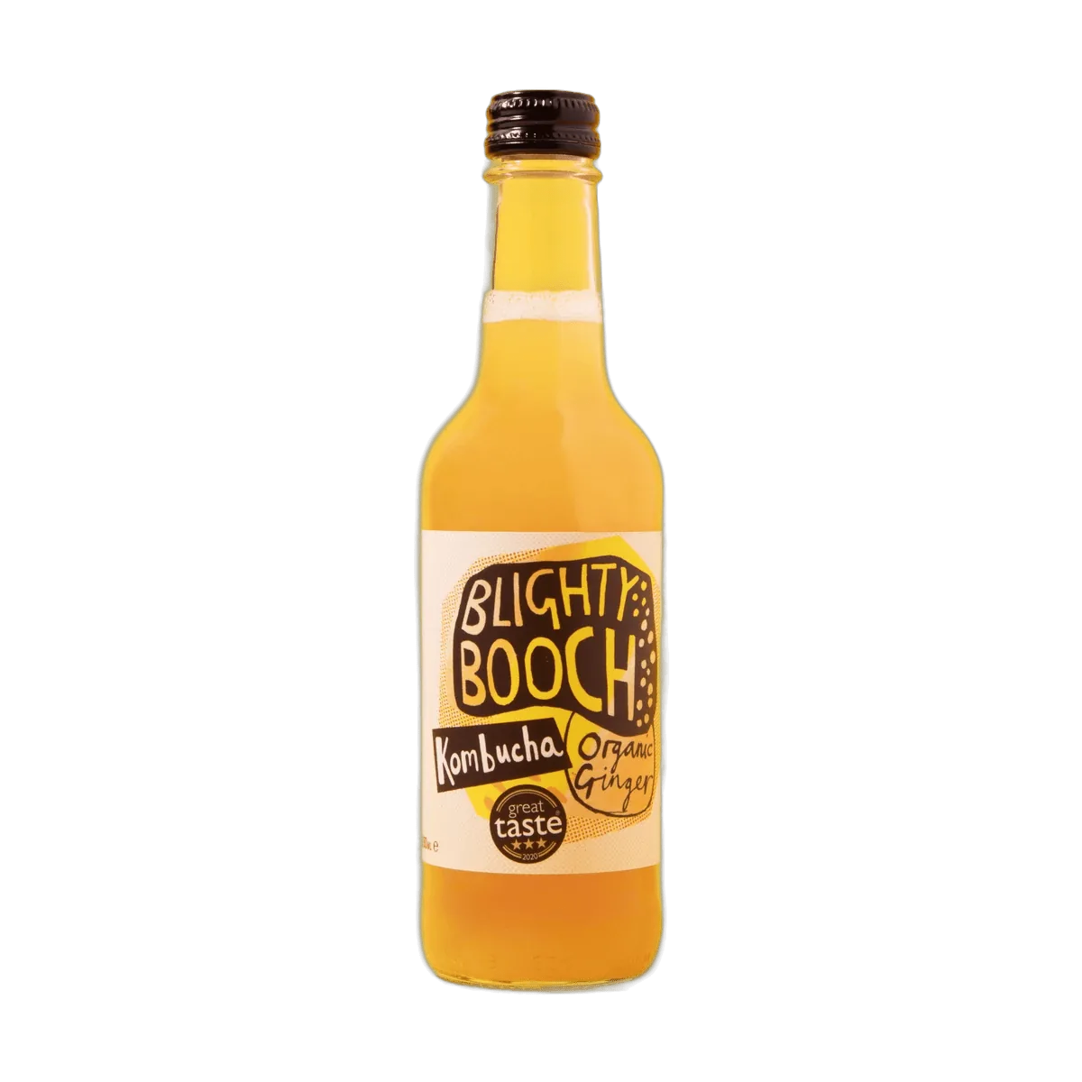 Blighty Booch Organic Ginger raw kombucha in a clear 330ml glass bottle with a black cap and a white label with a yellow hand-lettered badge.