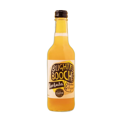 Blighty Booch Organic Ginger raw kombucha in a clear 330ml glass bottle with a black cap and a white label with a yellow hand-lettered badge.