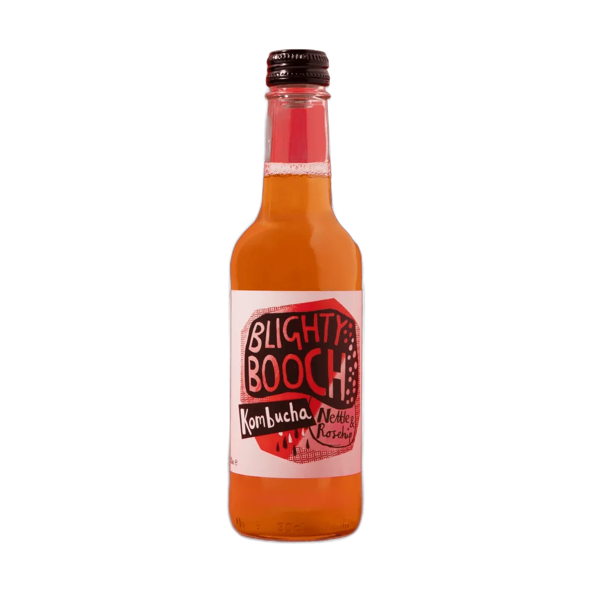 Blighty Booch Nettle & Rosehip raw kombucha in a clear 330ml glass bottle with a black cap and a white label with a red hand-lettered badge.