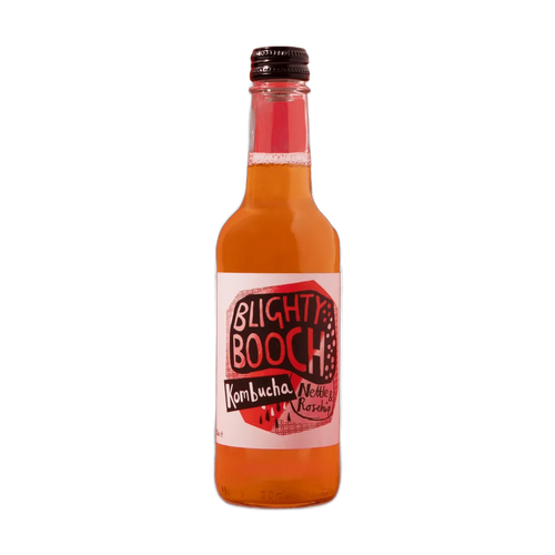 Blighty Booch Nettle & Rosehip raw kombucha in a clear 330ml glass bottle with a black cap and a white label with a red hand-lettered badge.