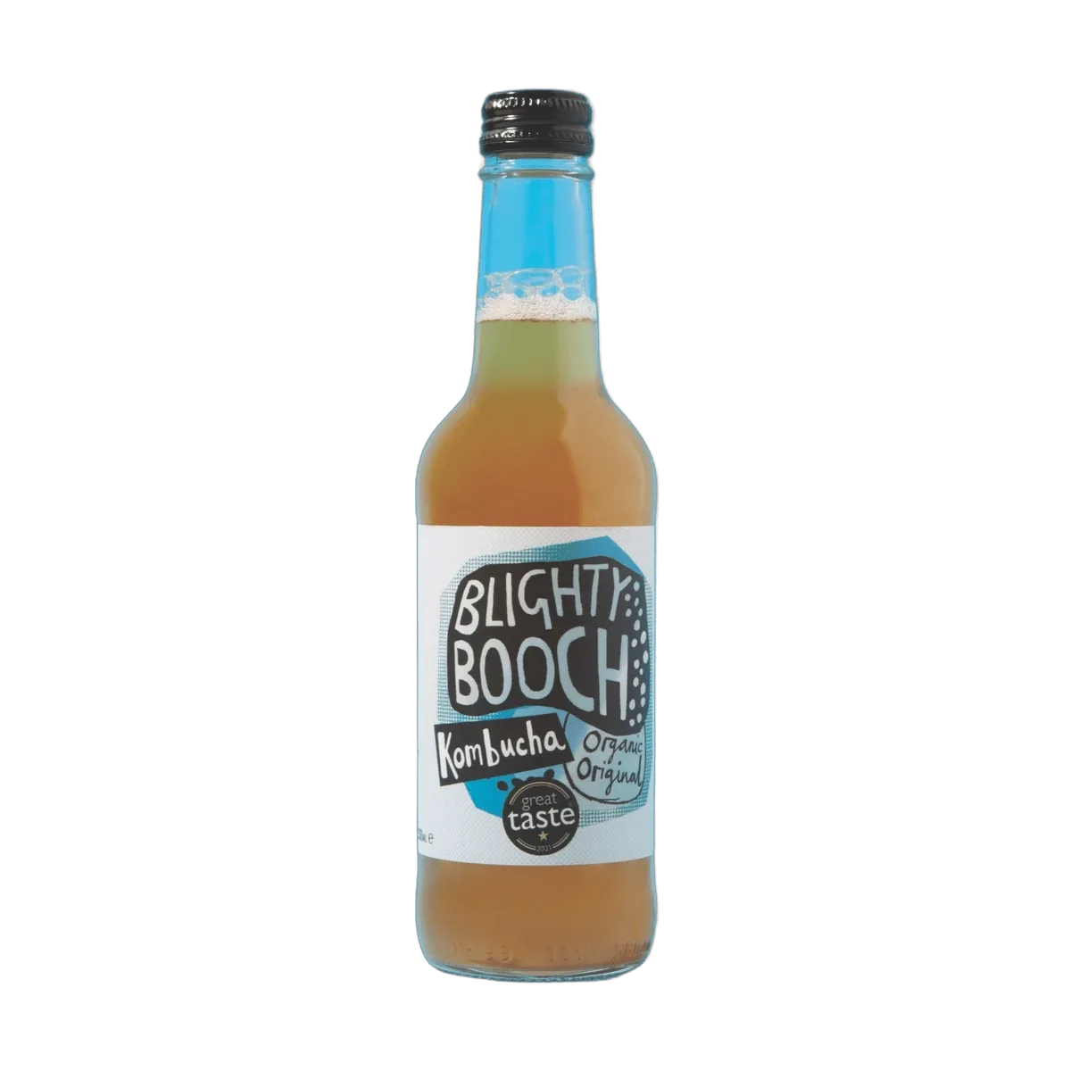 Blighty Booch Organic Original raw kombucha in a clear 330ml glass bottle with a black cap and a white label with a sky blue hand-lettered badge.