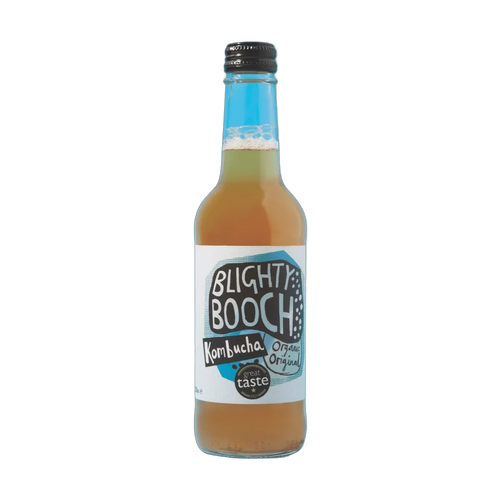 Blighty Booch Organic Original raw kombucha in a clear 330ml glass bottle with a black cap and a white label with a sky blue hand-lettered badge.