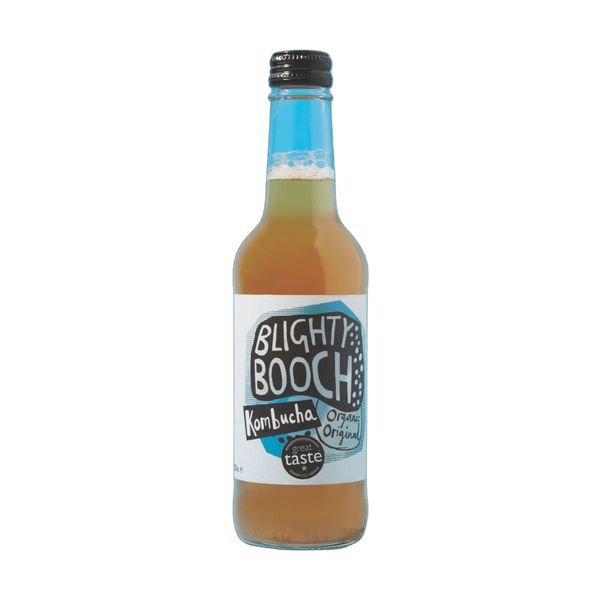 Blighty Booch Organic Original raw kombucha in a clear 330ml glass bottle with a black cap and a white label with a sky blue hand-lettered badge.