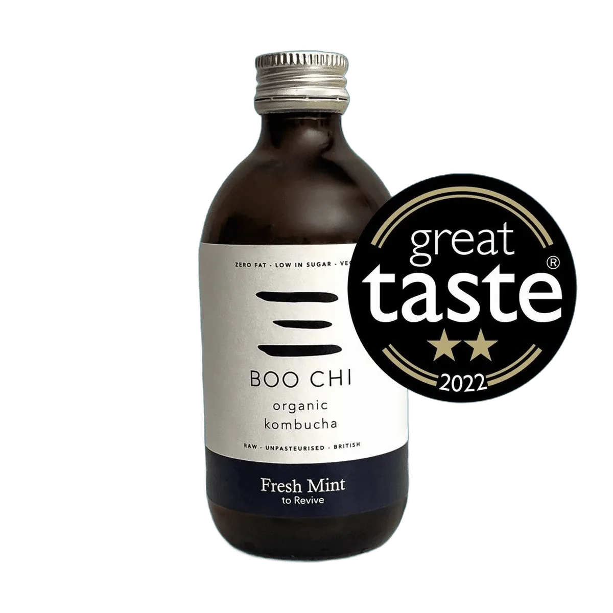 Boo Chi Fresh Mint raw kombucha in an amber 330ml glass bottle with a silver cap and a white label with a navy flavour band, shown with its Great Taste 2022 award badge.