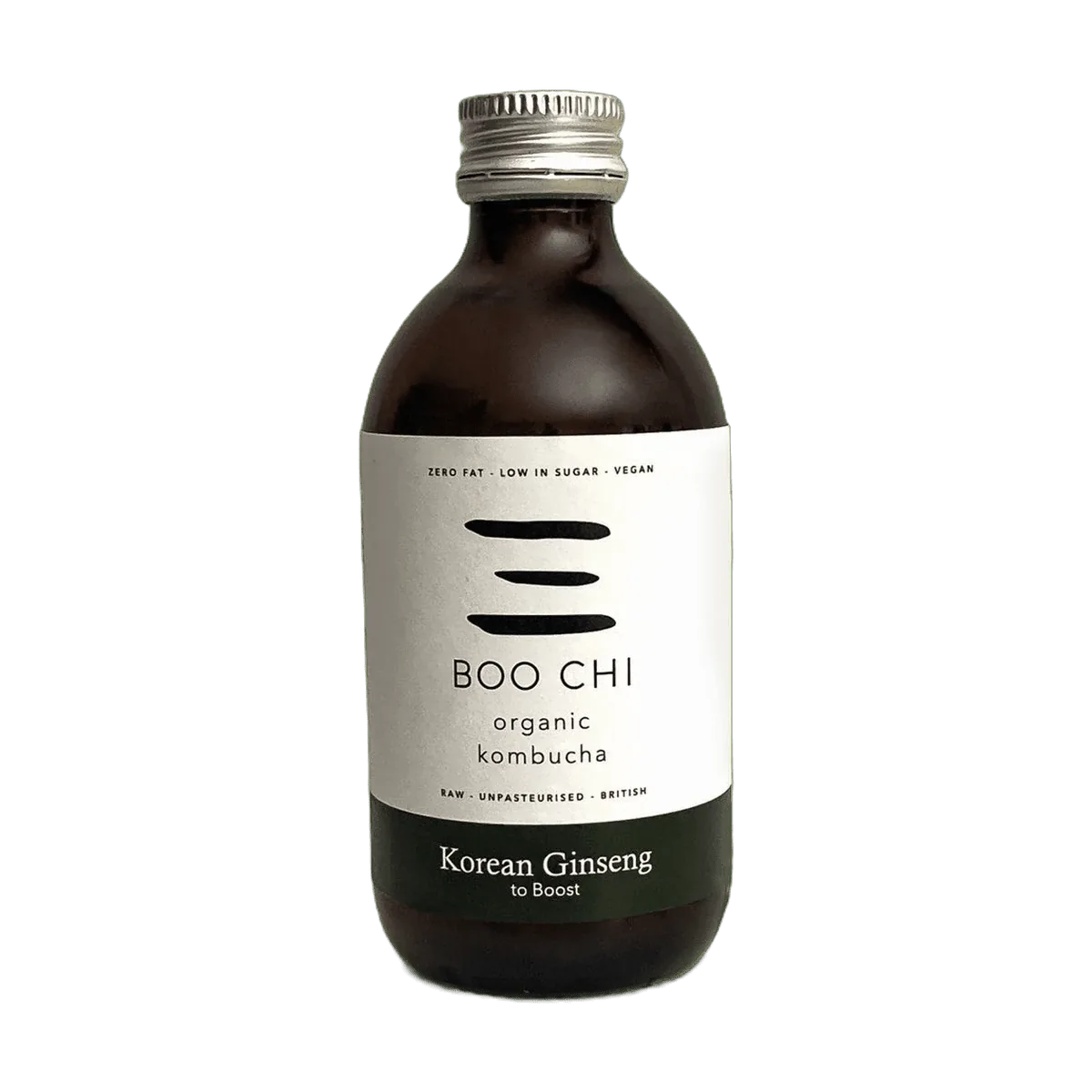 Boo Chi Korean Ginseng raw kombucha in an amber 330ml glass bottle with a silver cap and a white label with a dark green flavour band.