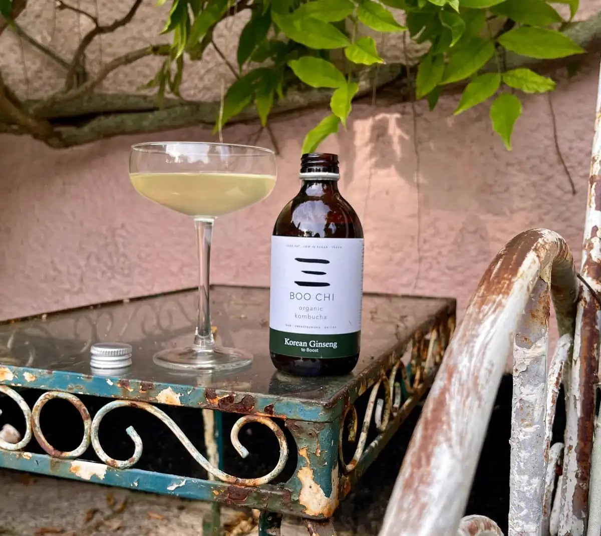 A bottle of Boo Chi Korean Ginseng raw kombucha beside a coupe glass on a rustic painted iron table under green leaves.