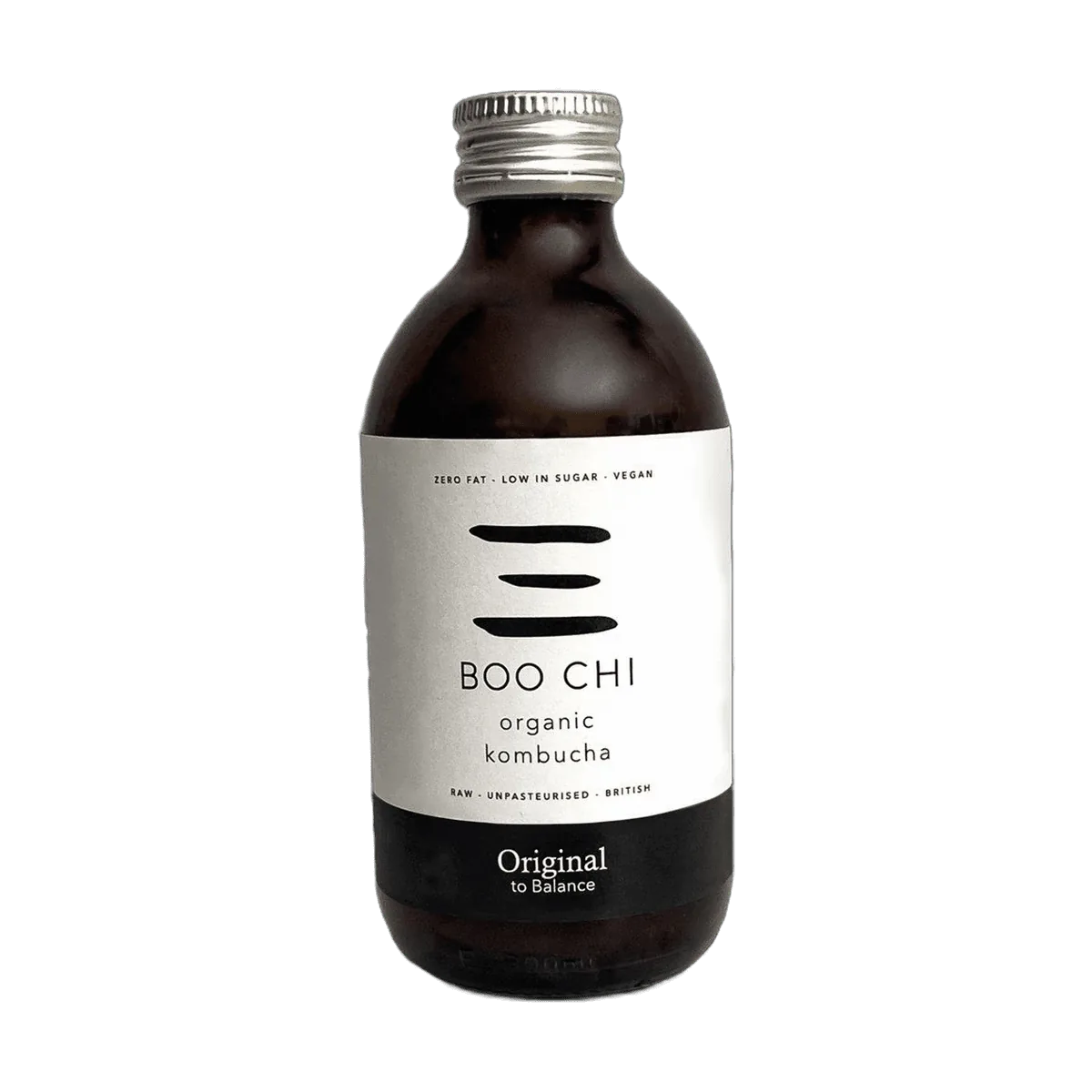 Boo Chi Original raw kombucha in an amber 330ml glass bottle with a silver cap and a white label with a black flavour band.