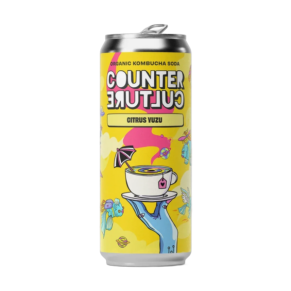 Counter Culture Citrus Yuzu raw kombucha in a 330ml can with a silver cap and a bright yellow illustrated label.