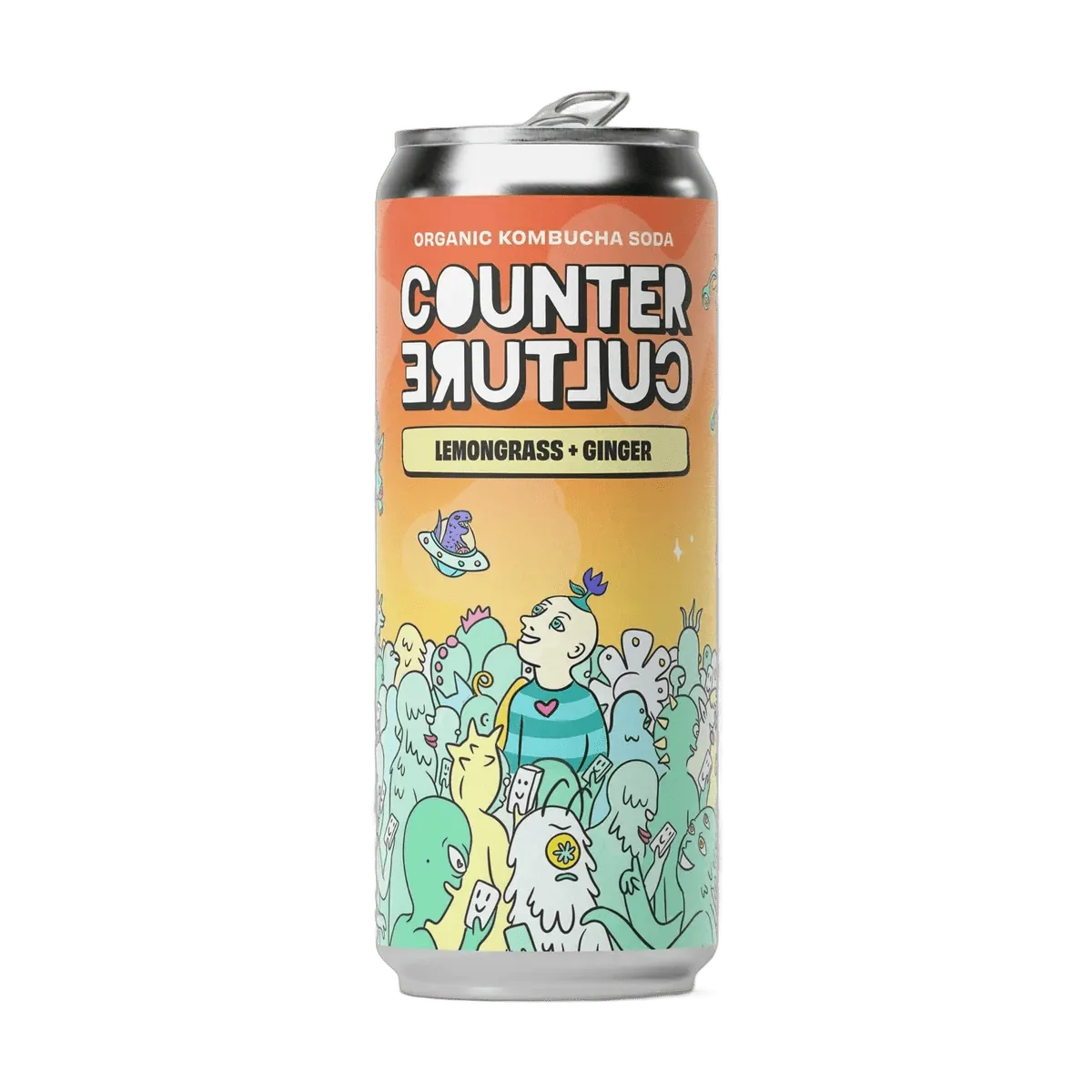 Counter Culture Lemongrass & Ginger raw kombucha in a 330ml can with a silver cap and an orange-to-mint illustrated label.