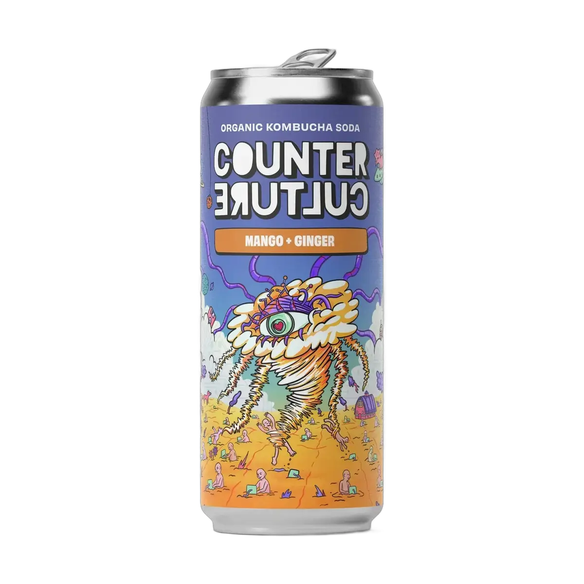 Counter Culture Mango & Ginger raw kombucha in a 330ml can with a silver cap and a purple and orange illustrated label.