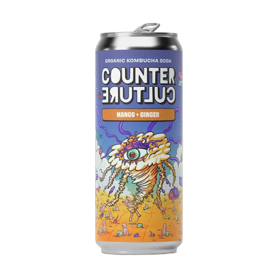 Counter Culture Mango & Ginger raw kombucha in a 330ml can with a silver cap and a purple and orange illustrated label.