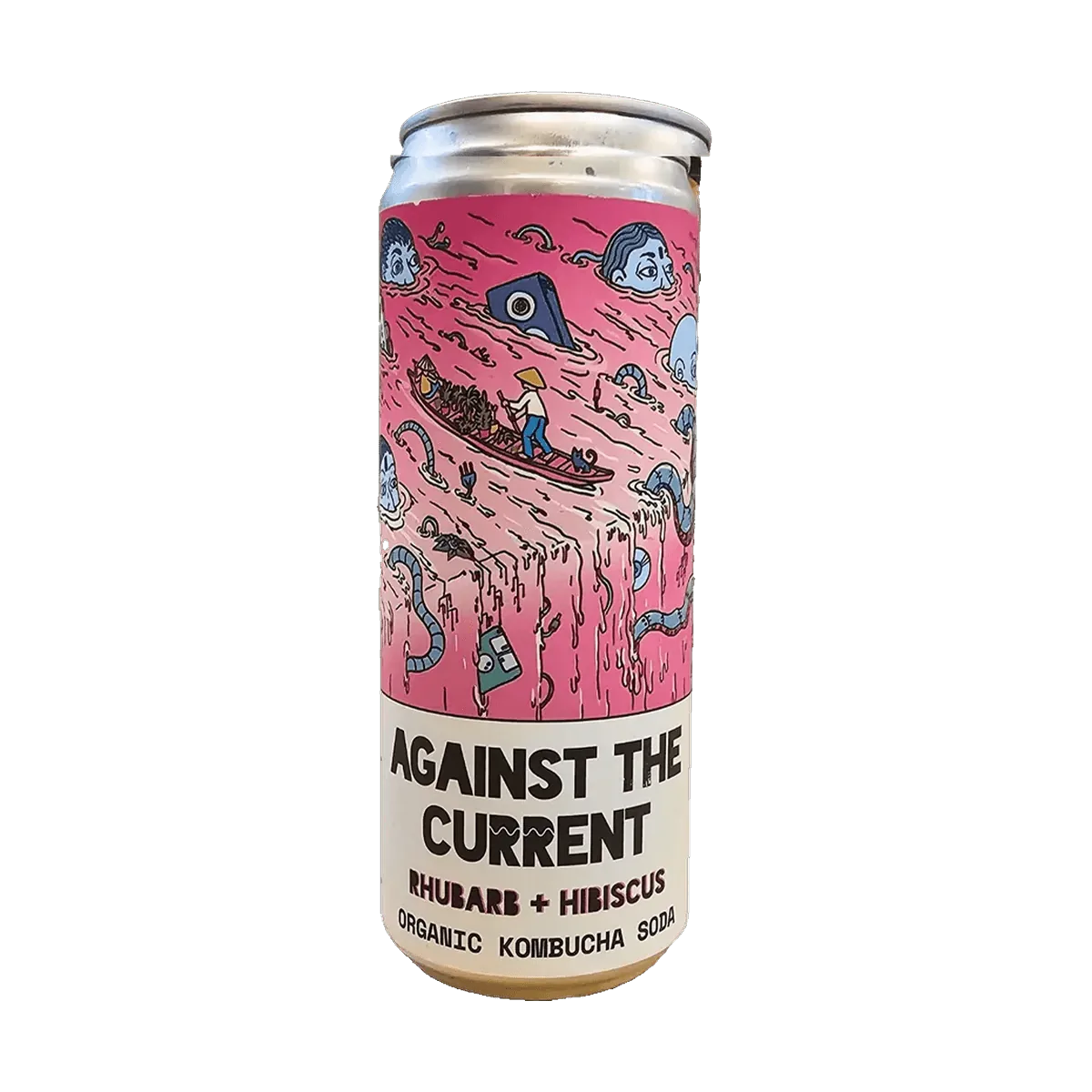 Counter Culture Rhubarb & Hibiscus raw kombucha in a 330ml can with a silver cap and a pink illustrated label.