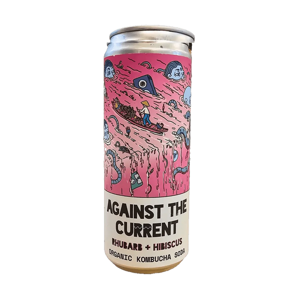 Counter Culture Rhubarb & Hibiscus raw kombucha in a 330ml can with a silver cap and a pink illustrated label.