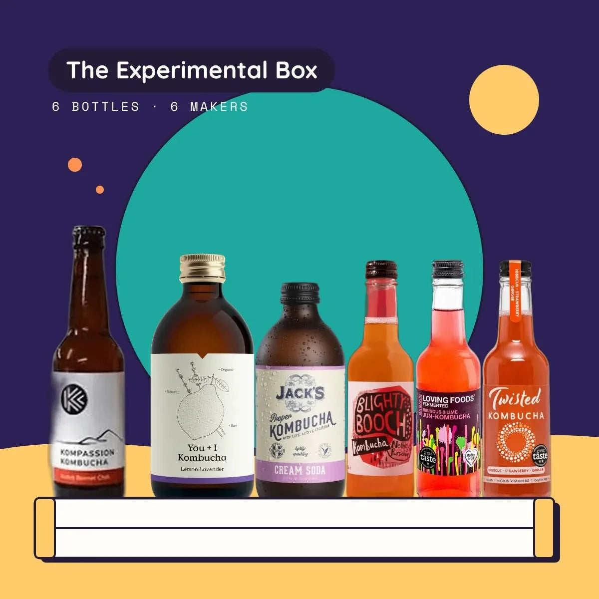 The Experimental Box: six raw kombuchas from six makers, Kompassion, You + I, Jack's, Blighty Booch, Loving Foods and Twisted