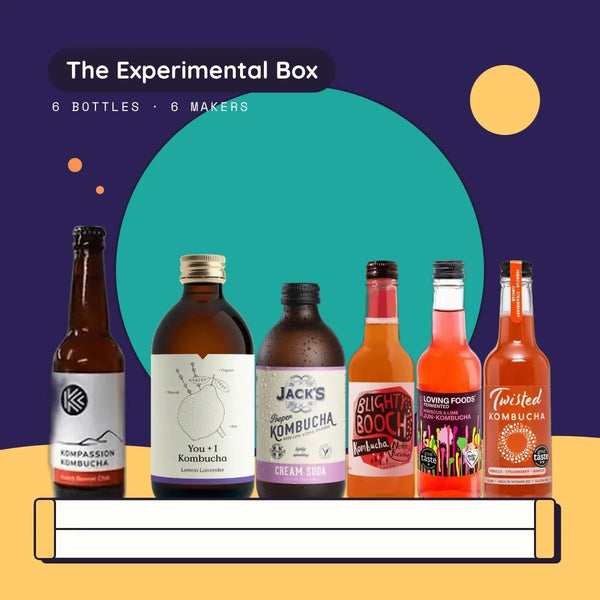 The Experimental Box: six raw kombuchas from six makers, Kompassion, You + I, Jack's, Blighty Booch, Loving Foods and Twisted