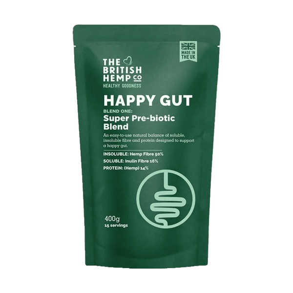 A 400g green pouch of Happy Gut Super Pre-biotic Blend fibre from The British Hemp Co.
