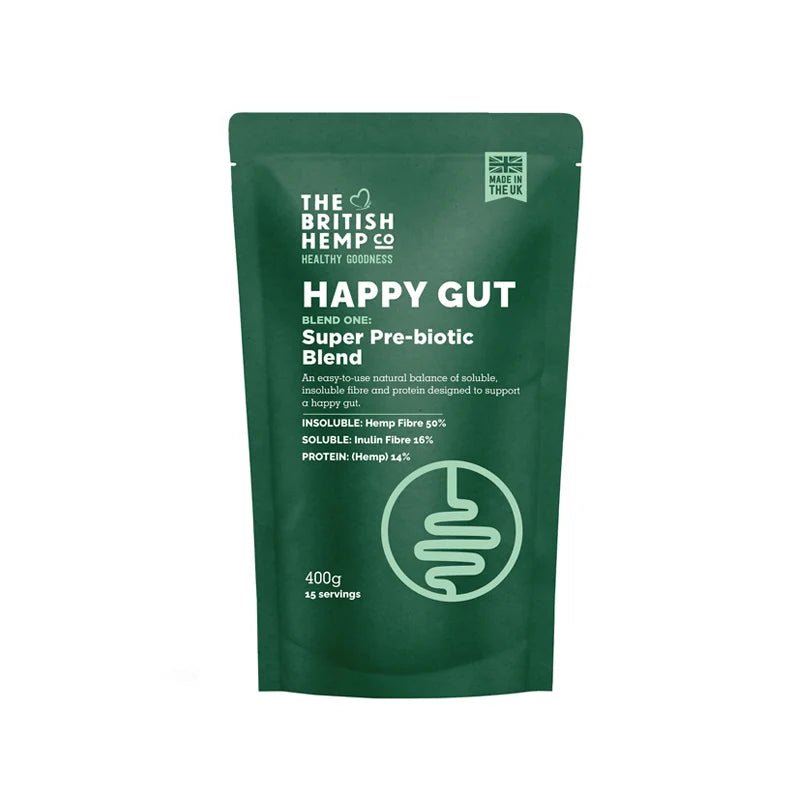 Pack of Happy Gut Super Pre-Biotic Blend fibre, sold at Functional Drinks Club in Otley