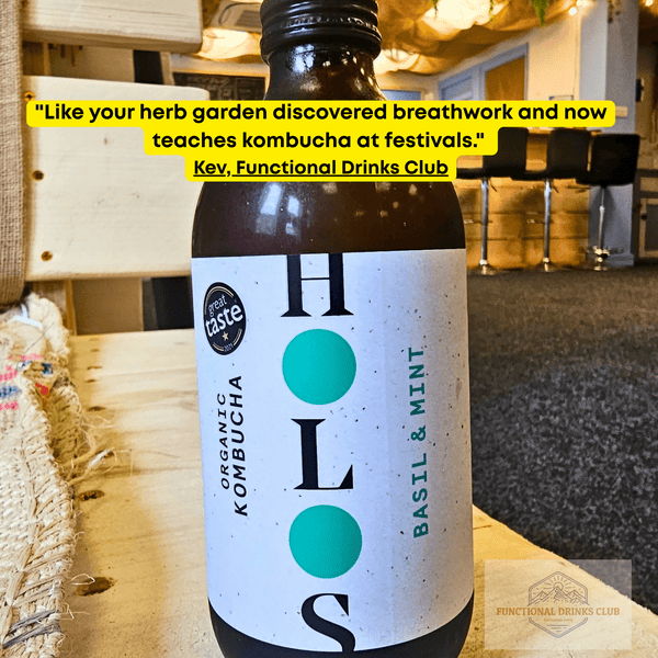 HOLOS Basil & Mint raw kombucha on a table in the Otley taproom, with Kev's tasting note: "Like your herb garden discovered breathwork and now teaches kombucha at festivals."