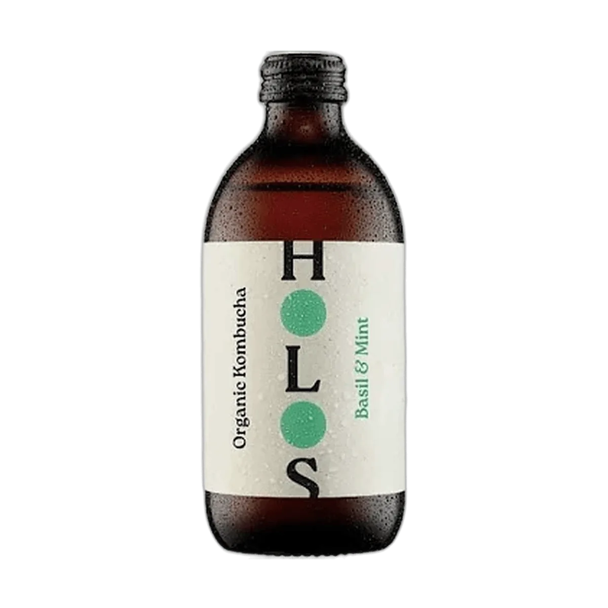 HOLOS Basil & Mint raw kombucha in an amber 330ml glass bottle with a black cap and a cream label with green dots.