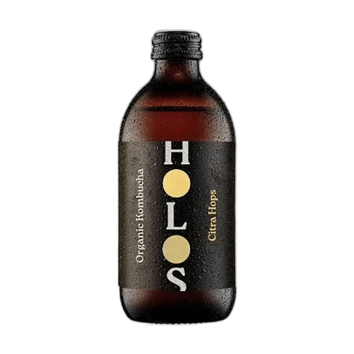 HOLOS Citra Hops raw kombucha in an amber 330ml glass bottle with a black cap and a black label with gold dots.